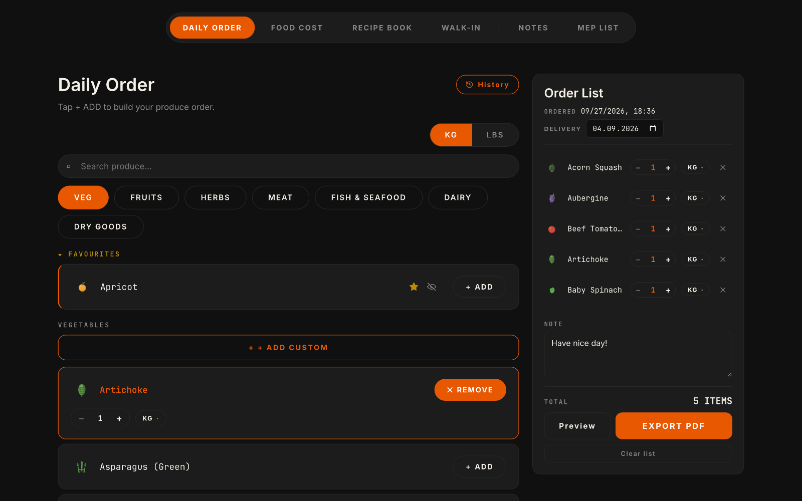 Daily Order — Build the produce order and send it to your supplier as a PDF.