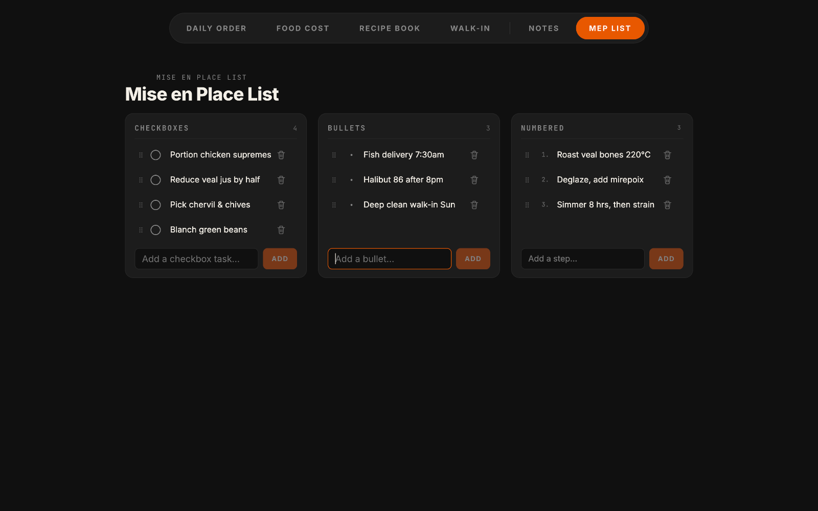 MEP List — The prep list for the line.